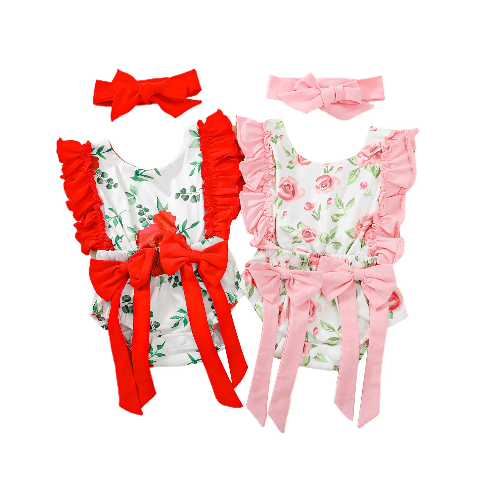 

Newborn Baby Girl Clothes Romper with Headband Kids Floral Print Round Neck Fly Sleeve Bodysuit Solid Color Hairband For Summer