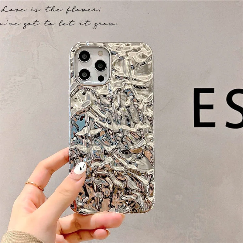 

Luxury Silver Tin Foil Pleats Phone Case For IPhone 11 12 13 Pro Max Mini For IPhone 7 8 Plus SE 2020 X XR XS Cold Style Fundas