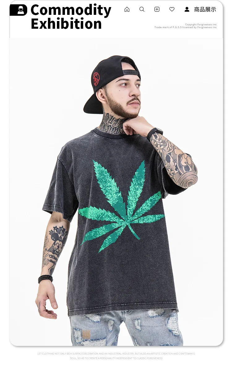

Men's wear new fashion brand Apricot Leaf printing wash water make old round neck short sleeve t-shirt men's wear