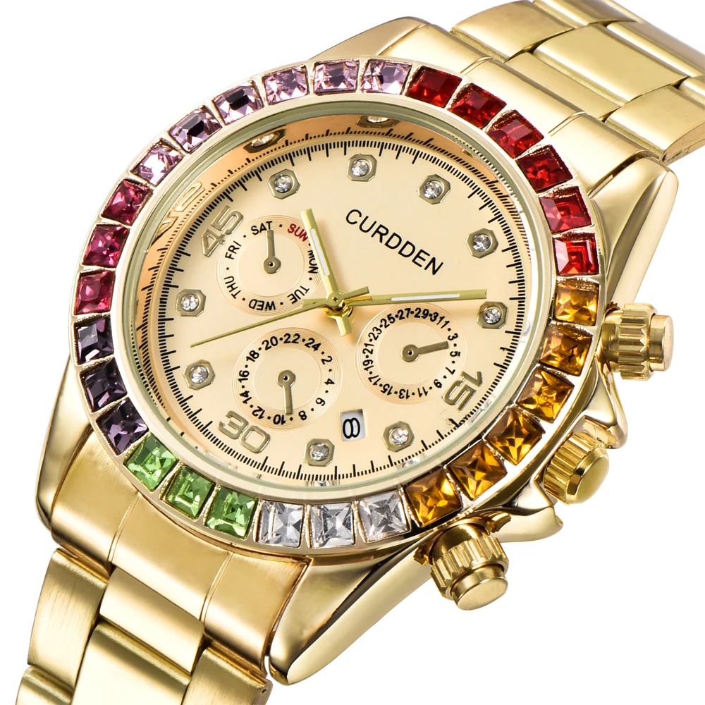 CURDDEN Big Brand Luxury Watches Fashion Stainless Steel Band Date Diamond Quartz Wristwatches Reloj Hombre Acero Inoxidable