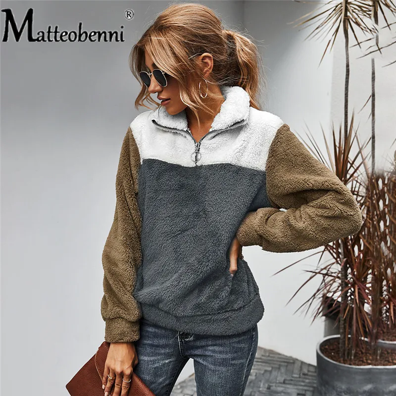 

Fashion Patchwork Plush Thick Sweatshirt Women Casual 2020 Winter Oversized Hoodie Ladies Turn-Down Collar Pullover Hoodie Tops