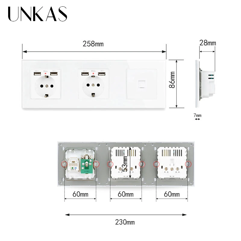 Стандарт ЕС черная стеклянная панель двойная розетка с 4 USB зарядным портом + RJ11
