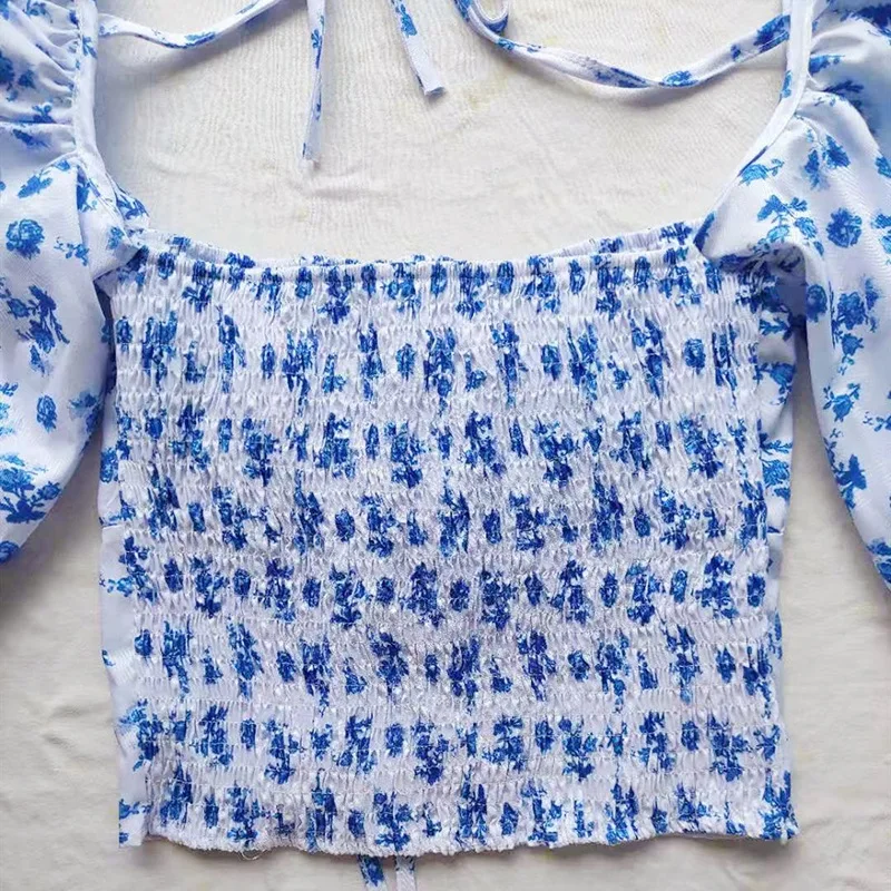 

Jlong Women Short Sleeve Lace Up Short Blouse Square Neck Floral Shirt Blouse Crop Tops