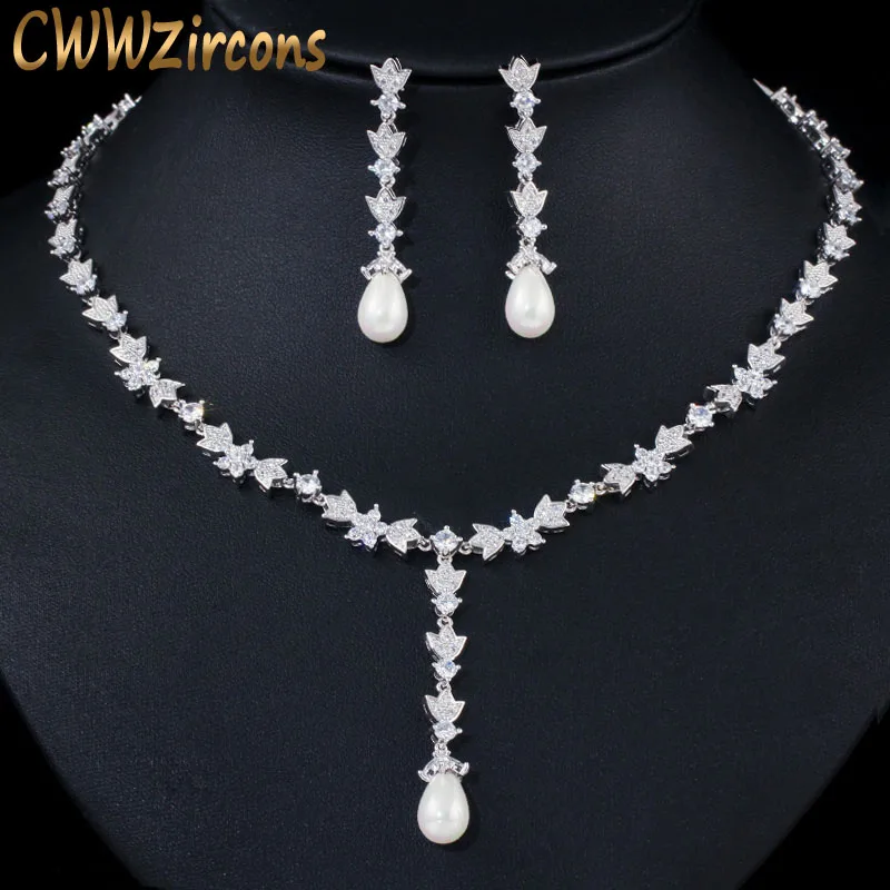 white CWWZircons великолепный кубический цирконий камень инкрустированный женский свадебный банкет длинное жемчужное ожерелье и серьги Свадебные украшения наборы T368 - Окраска металла: white