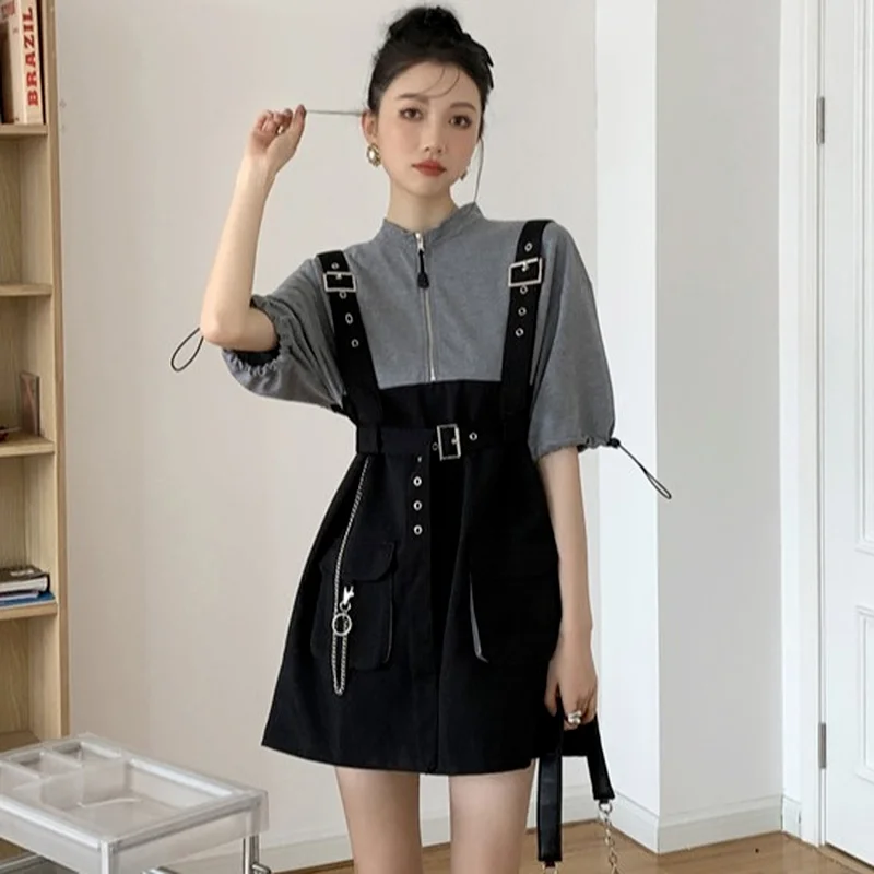 

Женские панк-пажи Harajuku Стиль подтяжки Бандажное платье, мини-платье в готическом стиле для девочек в винтажном стиле; Футболка с короткими р...
