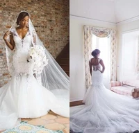 dubai african lace mermaid wedding dresses deep v neck cap sleeve backless appliques beads bridal gowns vestido de custom made