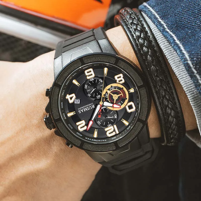 

Мужские водонепроницаемые кварцевые часы RUIMAS Hardlex с календарем и хронометром