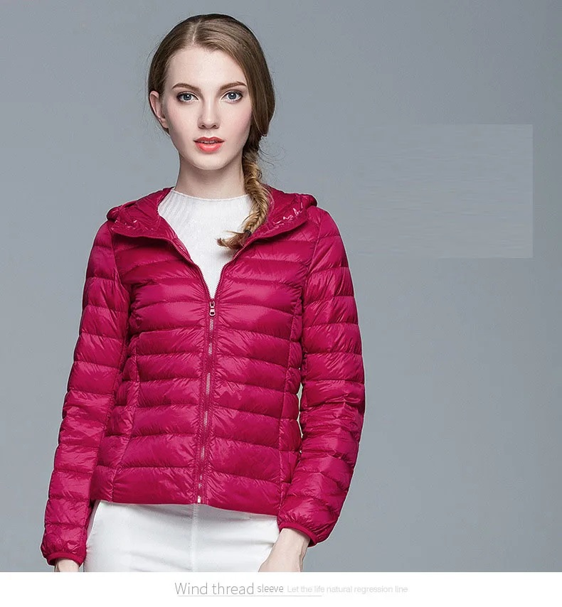 Зимняя женская ультра легкая куртка-пуховик с капюшоном и белым утиным пухом