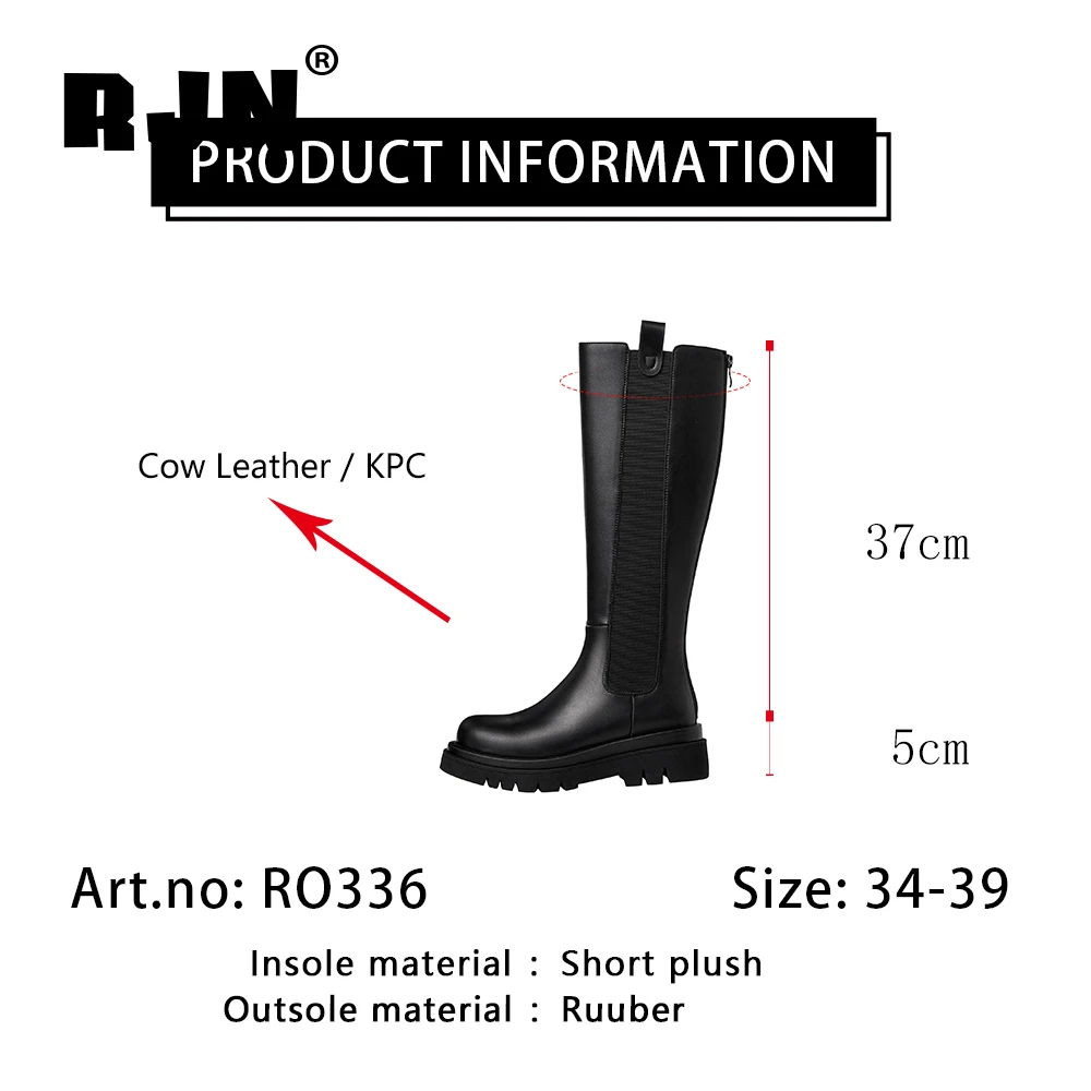 

RJN New Stylish Chelsea Knee-high Boots High Quality Cow Leather Platform Boots Comfortable Round Toe Women Shoes Black RO338