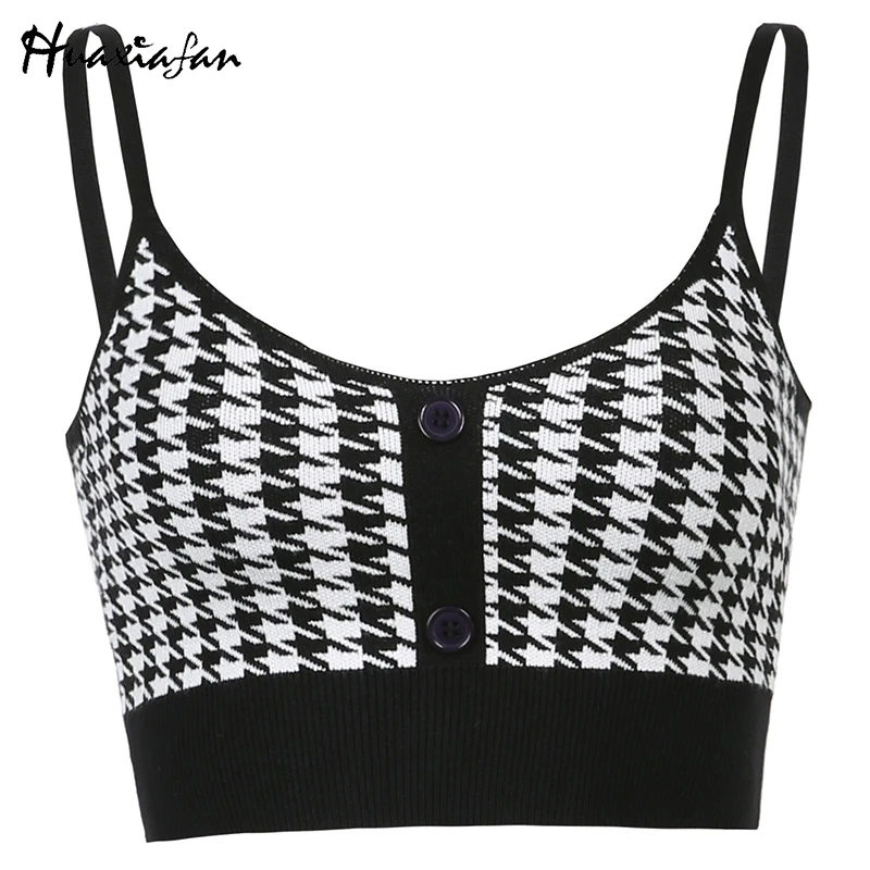 

Huaxiafan Knitted Houndstooth Plaid Print Camis Top Women Summer Vintage Sexy Y2K Streetwear Tops Camis Female 2021 Clothing