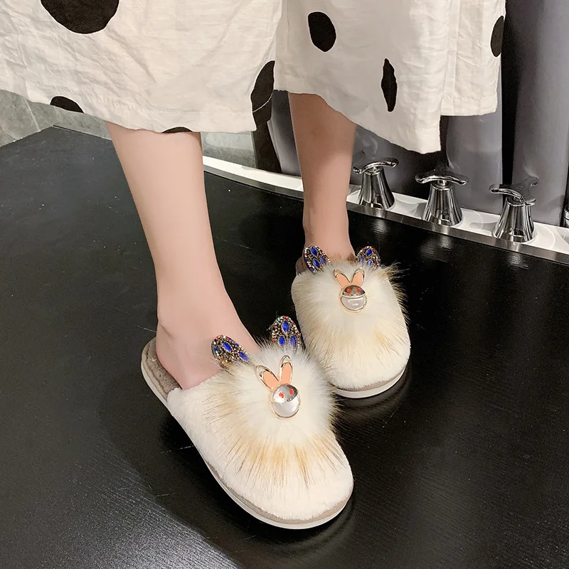 

2020 Furry Rabbit Slippers For Women Winter Lovely Indoor Casual Shoes Female Soft Plush Warm Bedroom Slipper Home MTX111