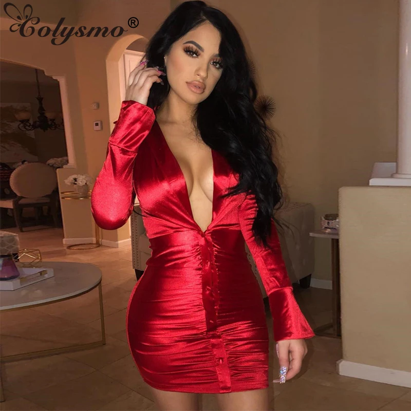 Женское атласное платье с рюшами поясом и глубоким V образным вырезом|Женские