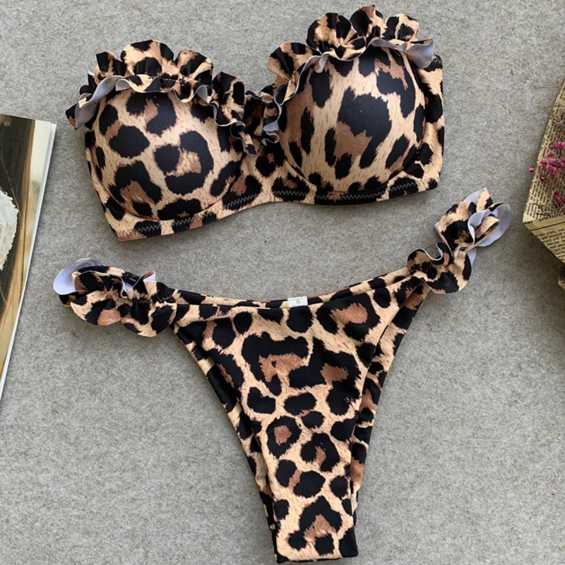 Бикини с леопардовым принтом кружевной купальный костюм пуш апом бандо женский