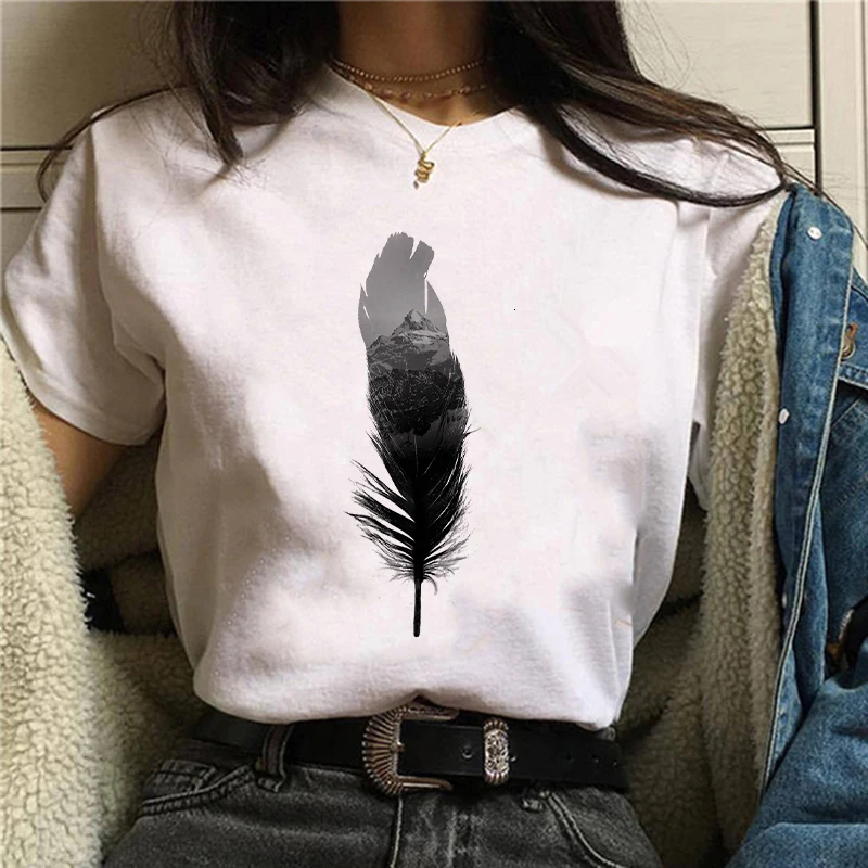 

T-shirts Top for Women Watercolor Feather Bird Cartoon 90s Casual Print Lady Womens Graphic T Shirt Ladies Female Tee T-Shirt