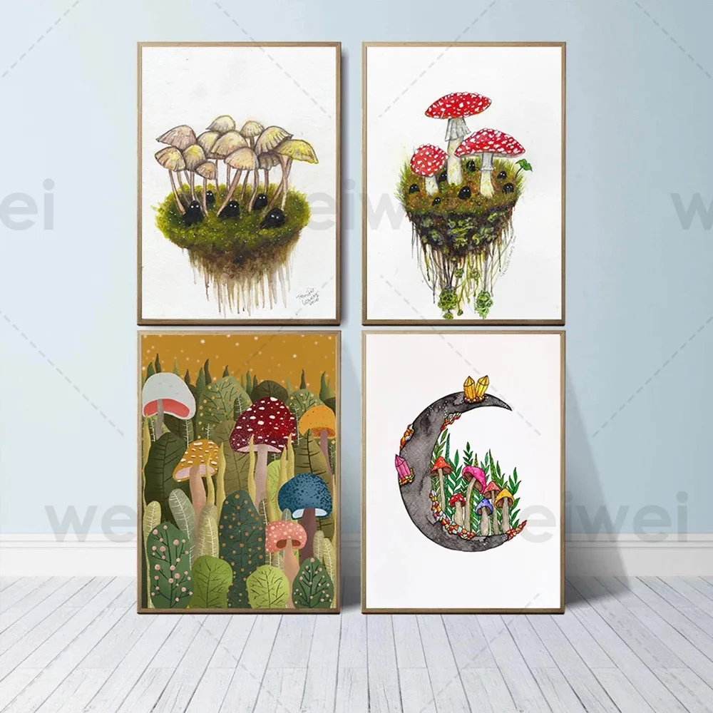 

Mushroom Spirits Posters and Prints Nature Forest Watercolor Canvas Painting Witch Wall Art Pictures for Kids Room Decoration