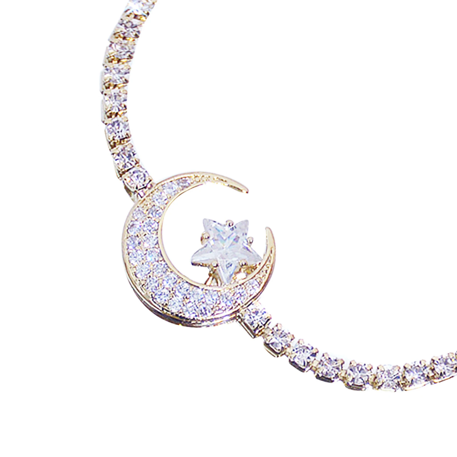 

Gold & Crystal Crescent Moon Bracelet Sparkling Diamond Zircon Star Moon Bracelet TT@88