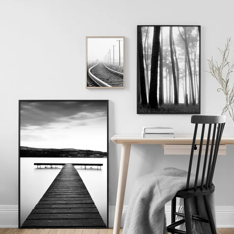 Черно-белое изображение горной лесной железной дороги на холсте с пейзажами и печатями Nordic Wall Art Pictures для гостиной.