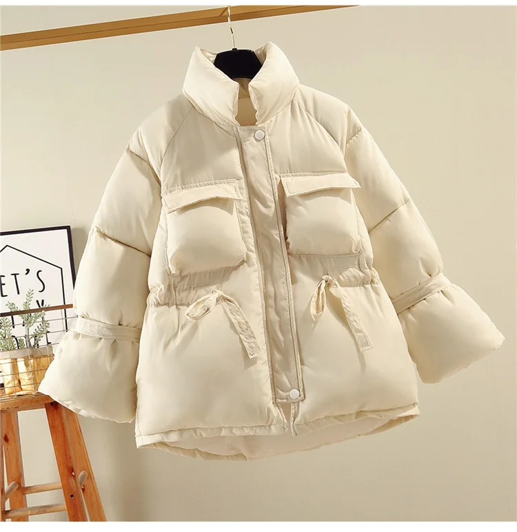beige white Mooirue, зимняя уличная парка в стиле Харадзюку, пальто с карманами и бантом, однотонное теплое пальто в Корейском стиле, верхняя одежда размера плюс, облегающая парка - Цвет: beige white