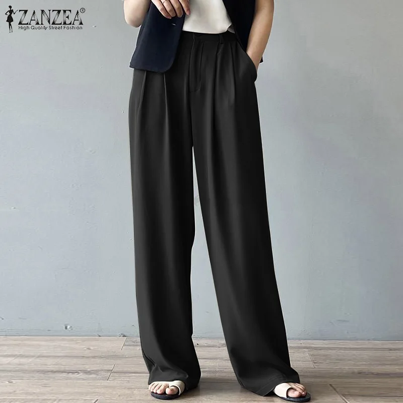 

ZANZEA 2021 Autumn Female Culottes Oversized Palazzo Women Elegant Solid Office Trouser Casual Baggy Pantalon Zipper Button Pant