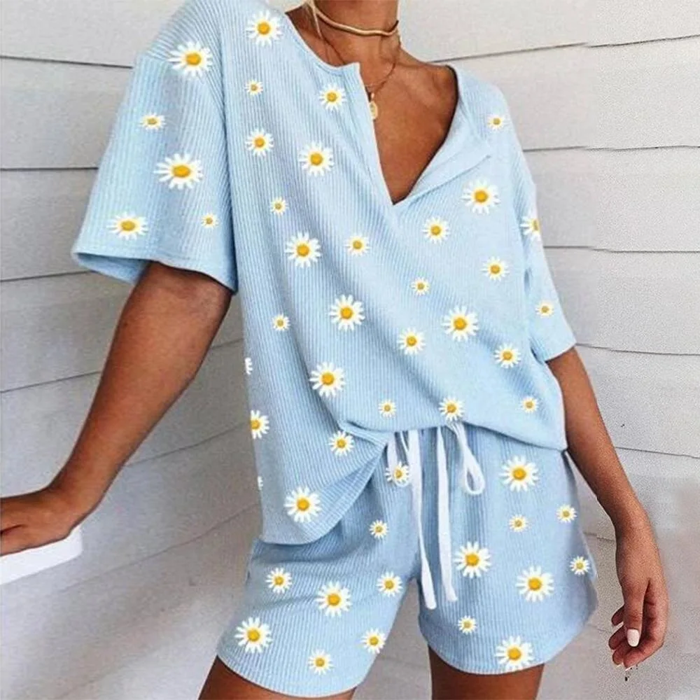 

Women's Sleepwear Daisy Floral Print Short Set Pajamas For Women Pajama Set Sweet Short Sleeve T Shirts & Shorts Summer Pijama