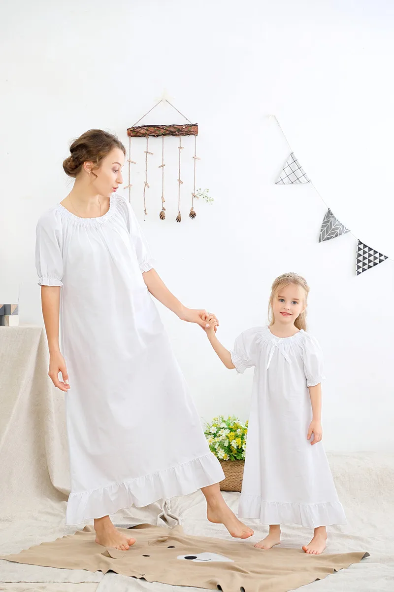

Summer Cute Girl Cotton Lace Breathable Princess Nightdress Elastic Neck Long Dress Home Dress White Mother and Daughter Clothes