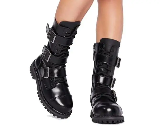 

Fashion Girls Black Matte Leather Round Toe Buckles Flat Ankle Boots Ladies Cross Lace Up Zipper Side Casual Short Boots
