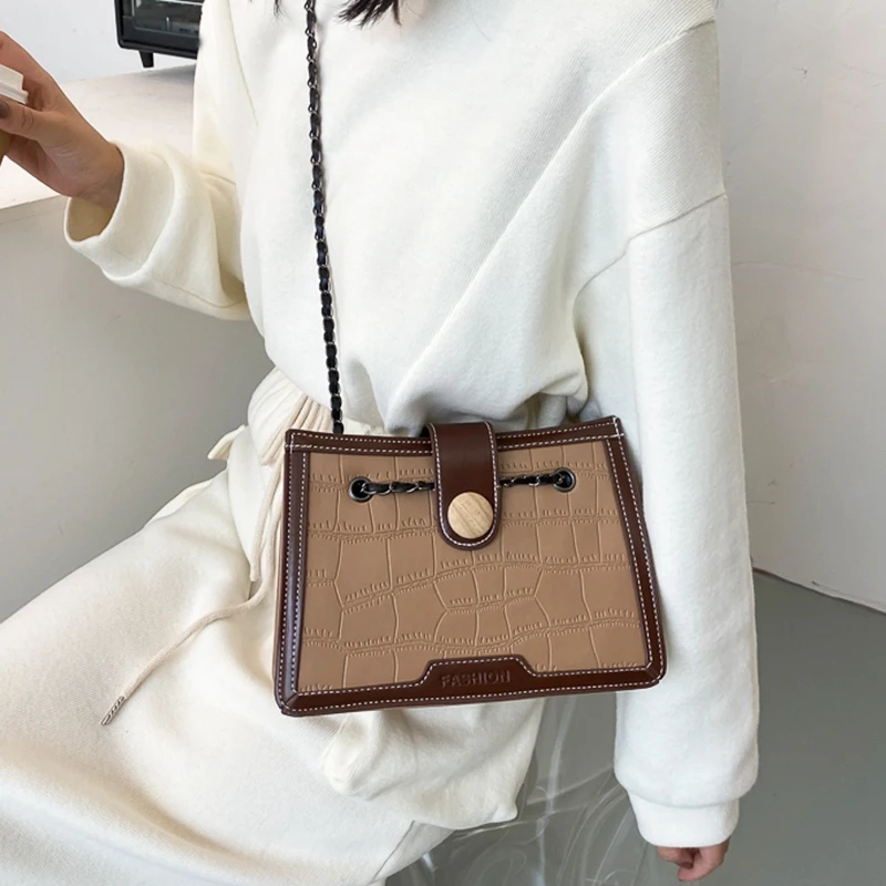 

ASDS-Ladies Retro PU Leather Small Square Crossbody Bag New Fashion Stone Pattern Handbag Chain Shoulder Bag