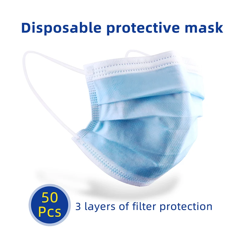 

Fast delivery Hot Sale 3-layer mask 50pcs Face Mouth Masks Non Woven Disposable Anti-Dust Meltblown cloth Masks Earloops Masks