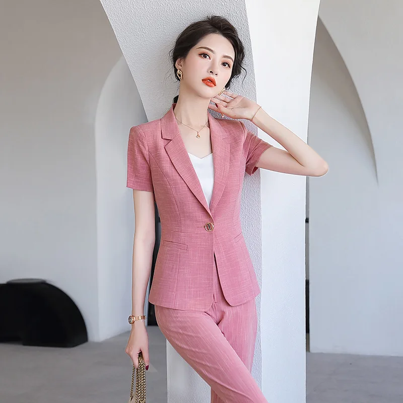 Женский деловой костюм розовый летний с коротким рукавом и блейзерами | Женская
