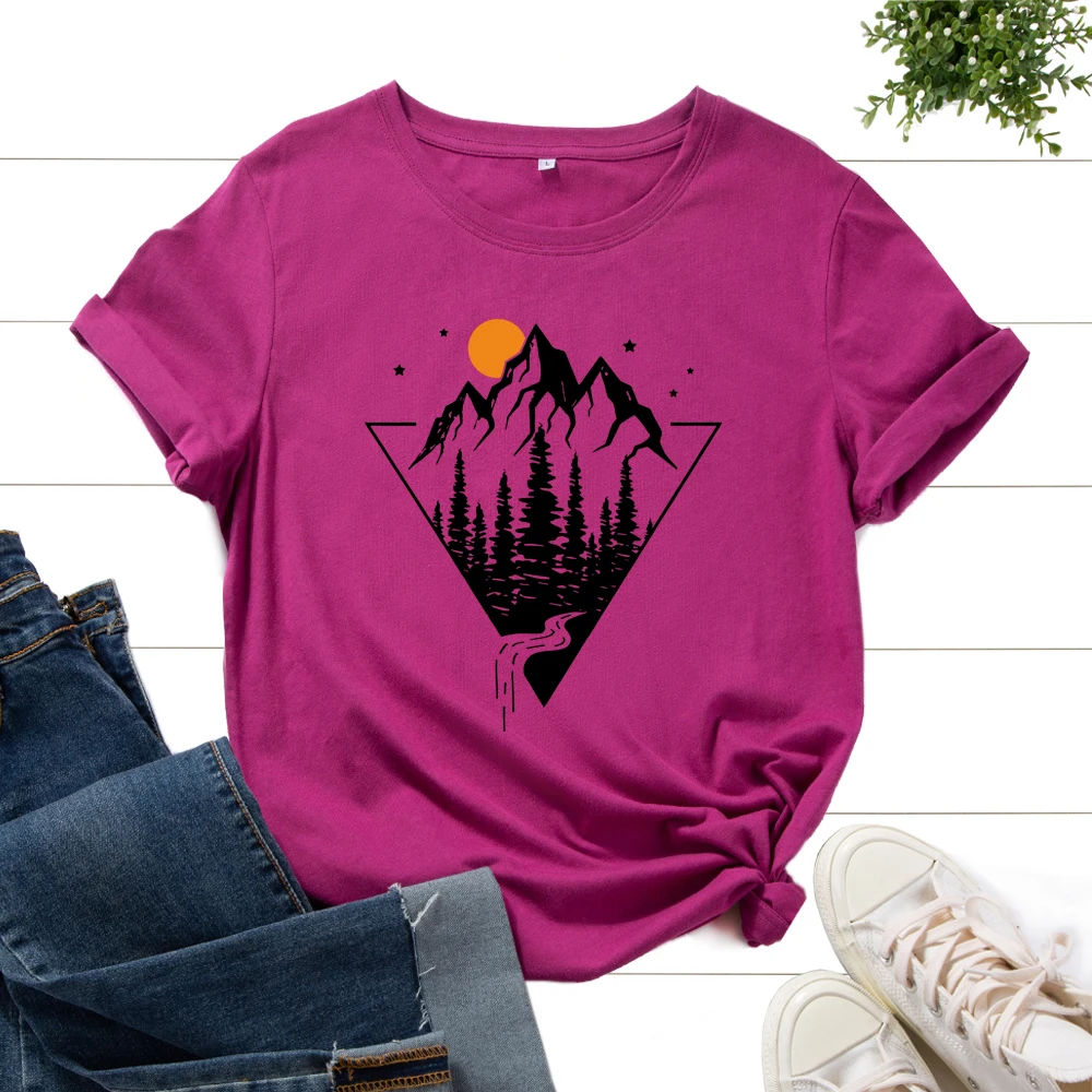 

Women's Graphic T-Shirts Printed Shirt Cotton Tee Short Sleeve Summer Tops Female Tees Clothes Sunset Mountain Trees Forest Road