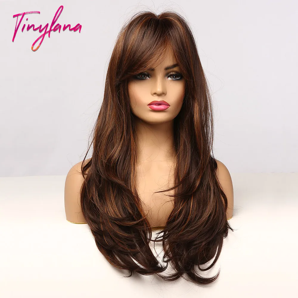 

TINY LANA Ombre Brown Blonde Long Body Wave Synthetic Highlight Wigs with Bangs Heat Resistant Cosplay Wigs for Black Women