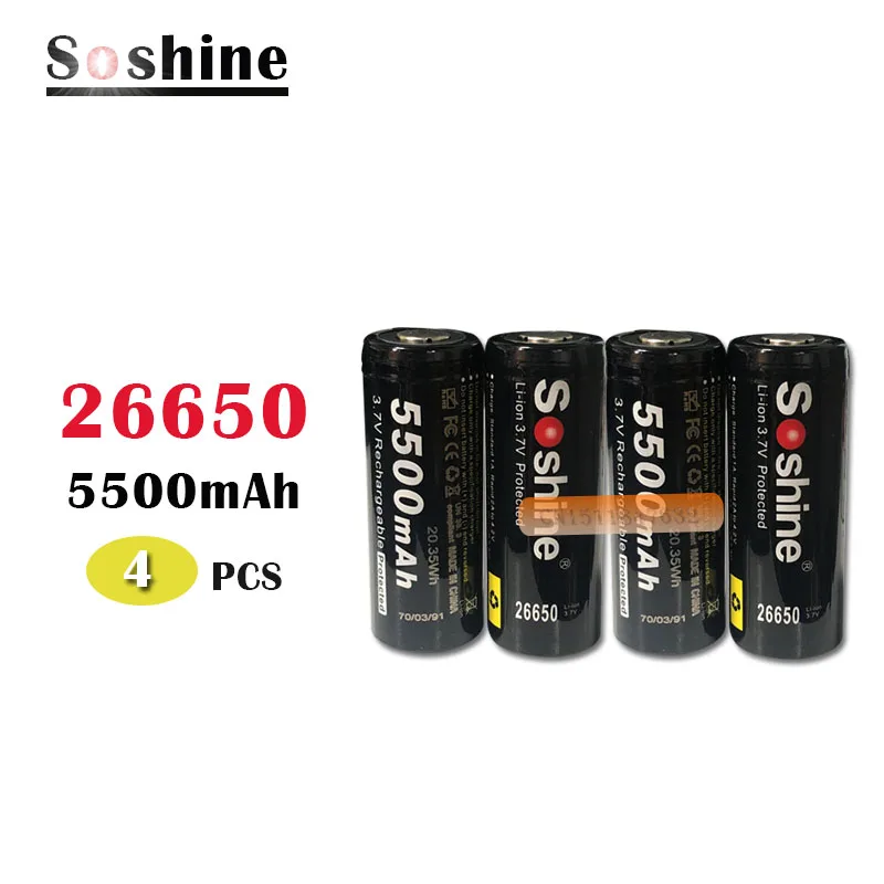 4 шт. Soshine 26650 батарея 5500mAh 3 7 V защищенная литий-ионная аккумуляторная PCB Batteria |