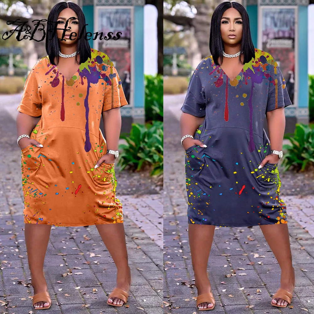 

A&BHelenss Plus Size Tie Dye Print Summer for Women Clothes V-neck Short Sleeve T Shirts Streetwear Packet Loose Casual Dress