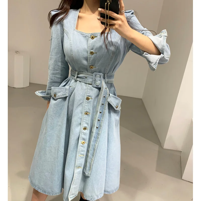 

Женское джинсовое платье до середины икры, повседневное однобортное платье с квадратным воротником и карманами CL629, новинка 2020