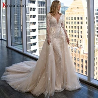 high end v neck detachable train embroidery appliques tulle mermaid wedding dress elegant full sleeve 2 in 1 lace bridal gown