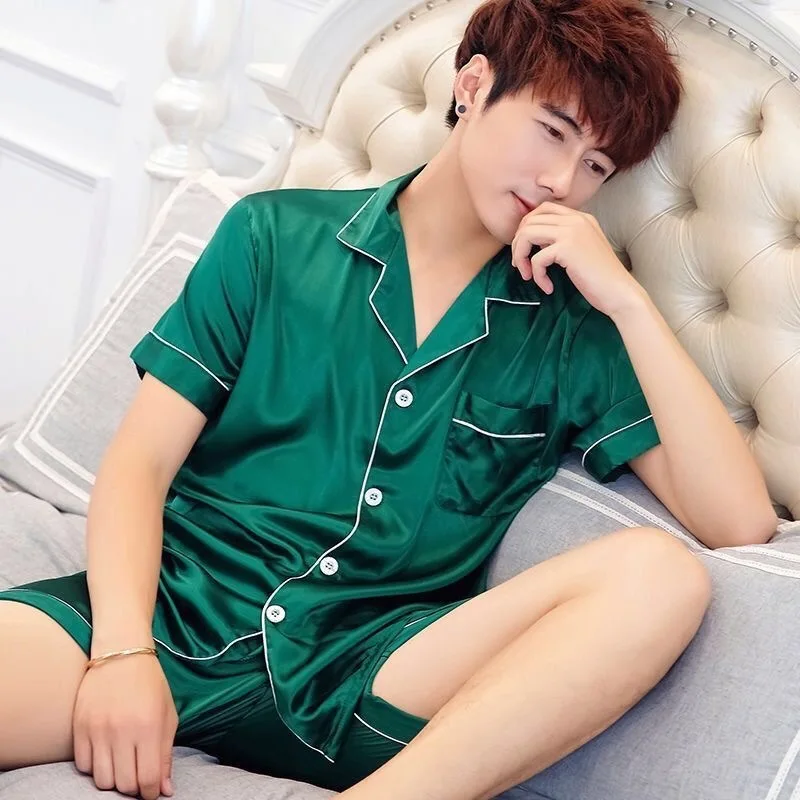 Satin Sleep Set Men's Pajamas Suit 2PCS Pyjamas Casual Sleepwear Summer New Short Sleeve Male Nightwear Home Clothing
