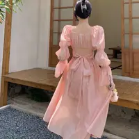 Sweet Back Puff Sleeve Dress Women Autumn 2021 New Pink Bandage Dress Fashion Elegant Chiffon Long Dresses Female