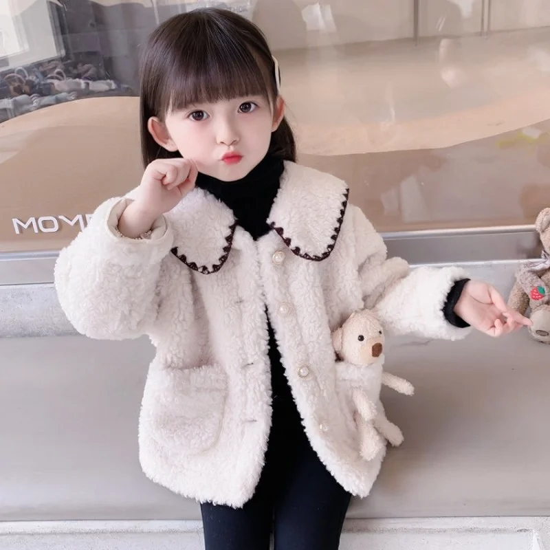 

Bear Doll Fur Coat Single Breasted Korean Navy Collar Thickened Warm Cotton Coat Toddler Girl Winter Coat Kids Winter Clothes