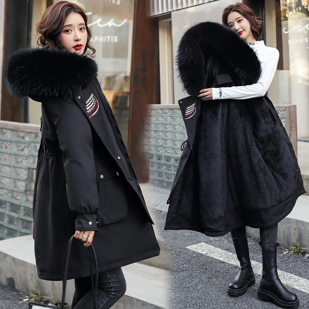Vielleicht Thick Warm Winter Coat Women Pocket Winter Jacket Fur Liner Hooded Female Long Parkas Snow Wear Cotton Padded Clothes