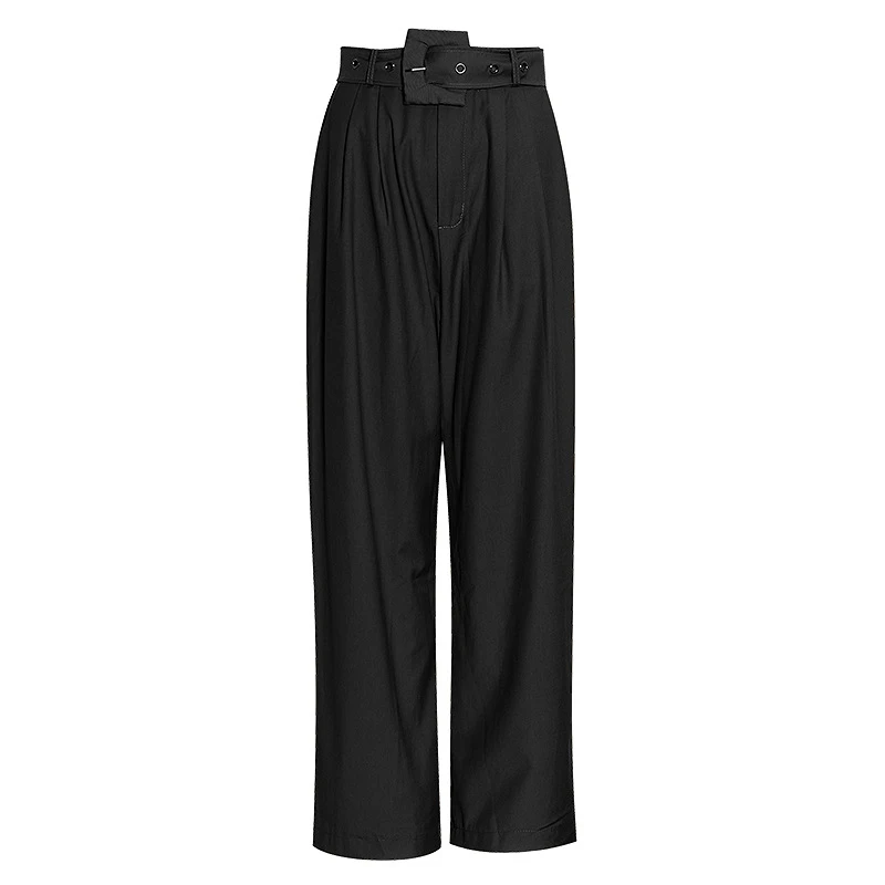 

TWOTWINSTYLE Black Minimalist Pants For Women High Waist Sashes Casual Wide Leg Pant Female Fashion New Clothing 2021 Stylish