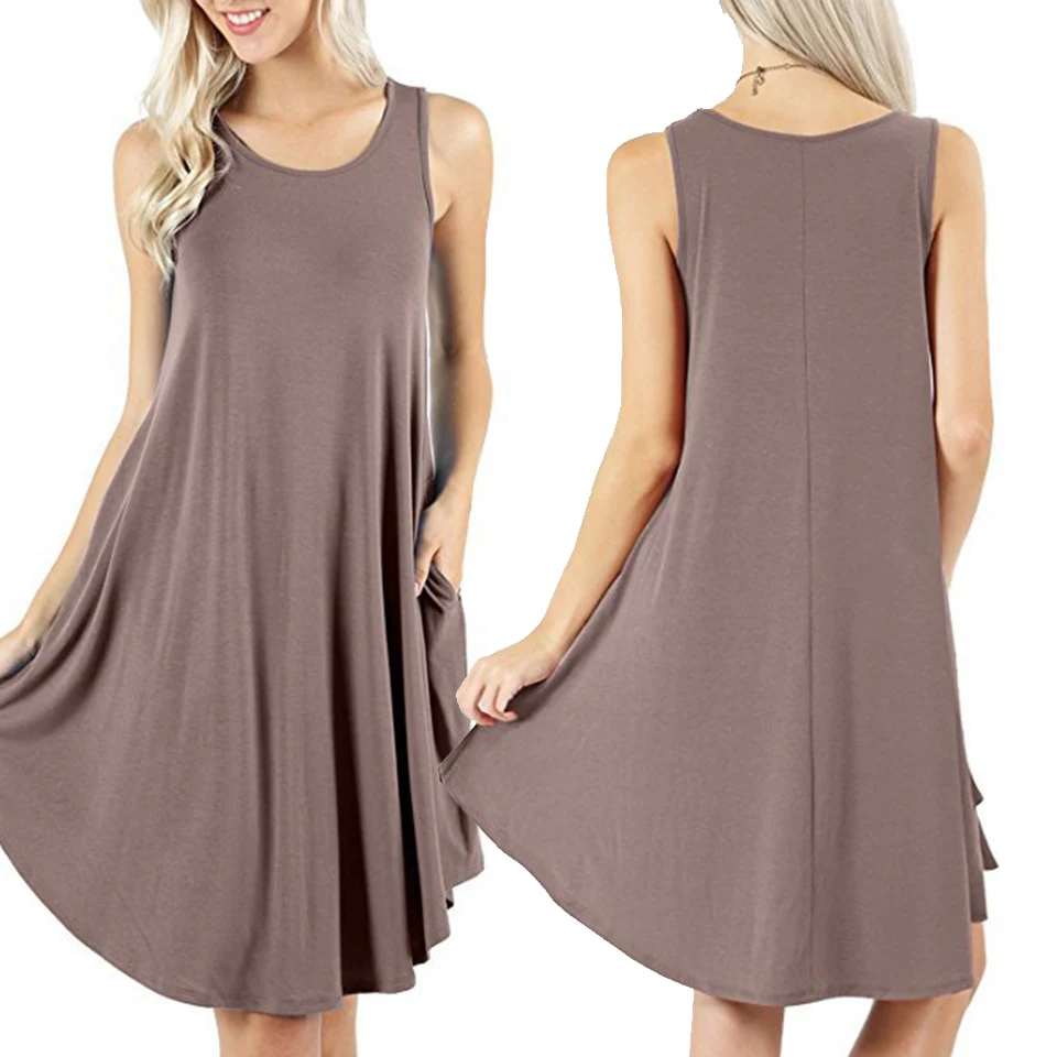 

Plain Dress A Line Tank Sukienka Casual Sleeveless Dress Pockets Women Big Hem Round Neck Dress Suspender Strap Robe Femme 2021