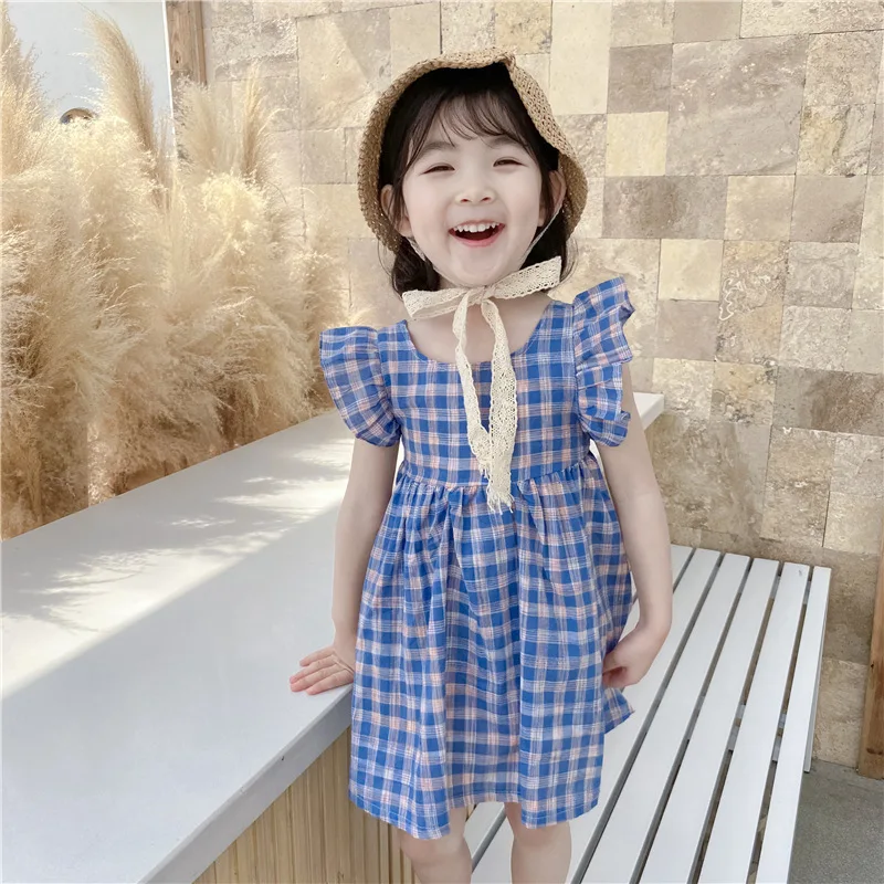 

Girls Casual Dresses 2021 Korean Fashion Summer Toddler Girl Plaid Clothing Flying Sleeve Children Backless Vestidos