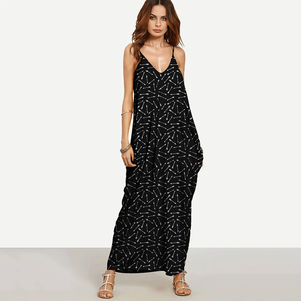 

ZOGAA Summer New Bohemian Beach Vacation Leisure Fashion Printing Suspenders Long Dress Large Size