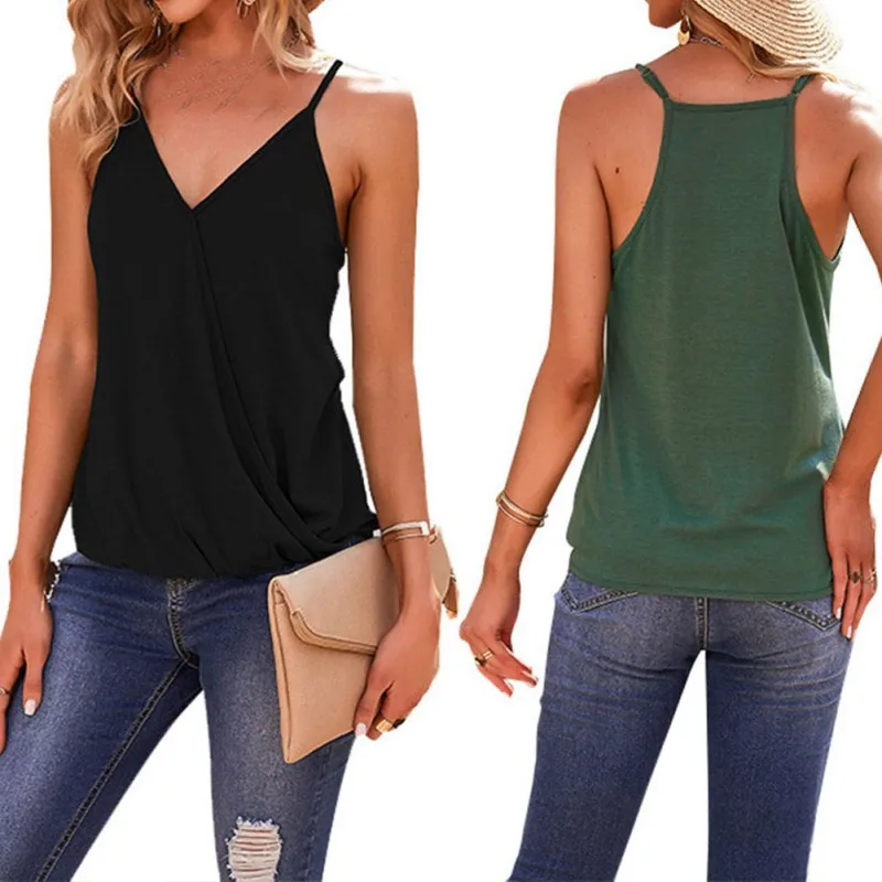 

Summer New Style Tops Women V-Neck European And American Style Irregular Solid Loose Camisole Vest