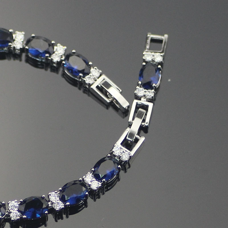 Classic Blue Cubic Zirconia Sterling Silver Bracelets For Women 7+1Inch Free Jewelry Box | Украшения и аксессуары