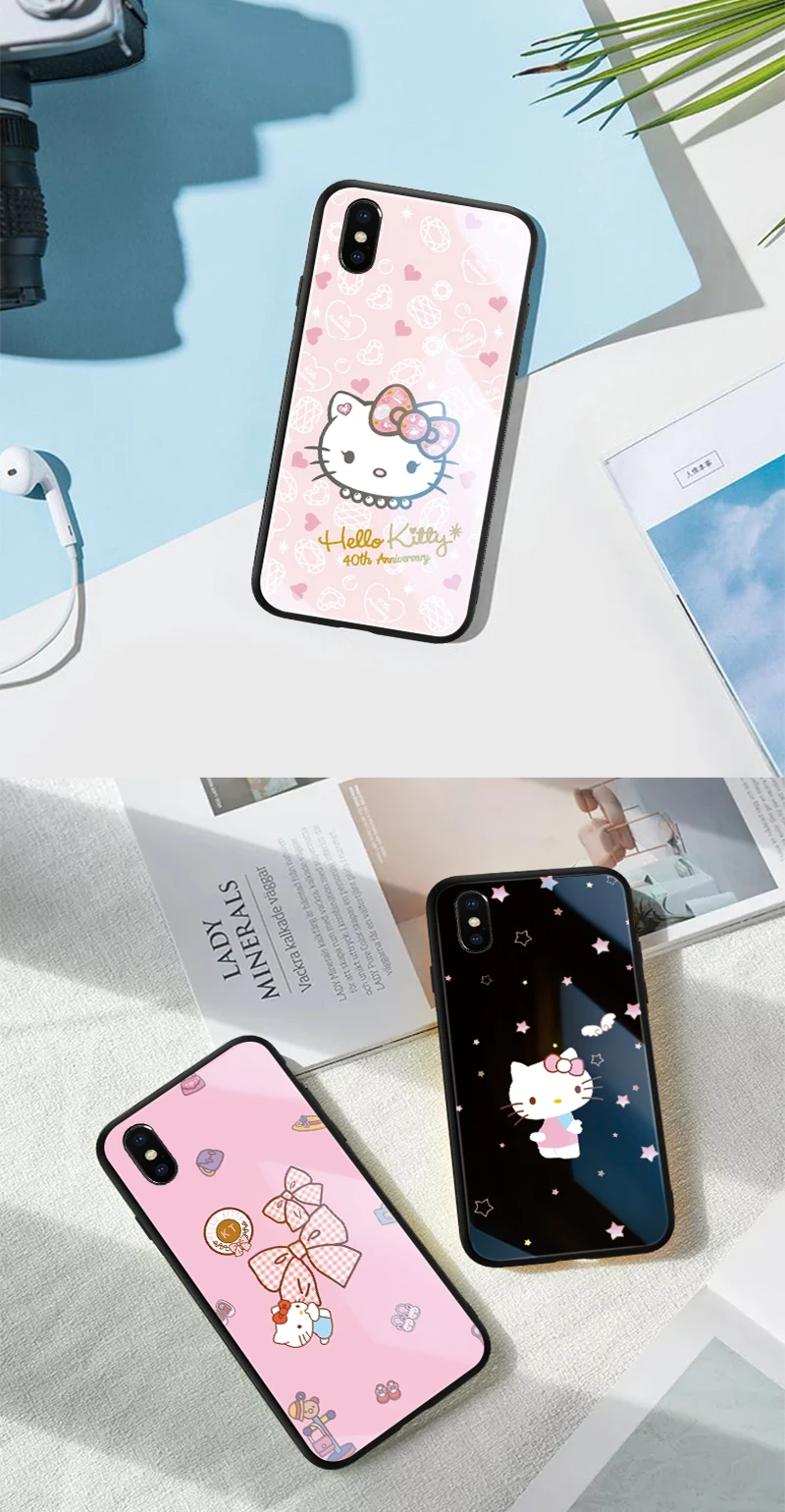 EKIND Hellokitty серия закаленное стекло чехол для iPhone X XS XSMAX Led логотип флэш-стекло чехол для iPhone защитный
