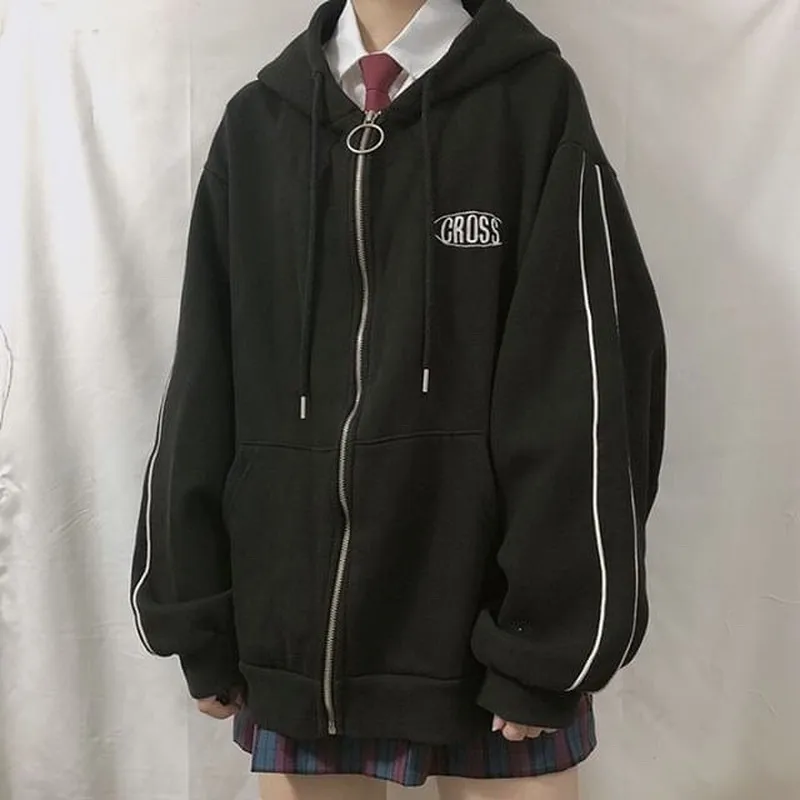 

QNPQYX New Streetwear Harajuku Oversized Sweatshirt Women Print Letter Zip Up Hoodies Student Plus Size Outwear Female Loose Top