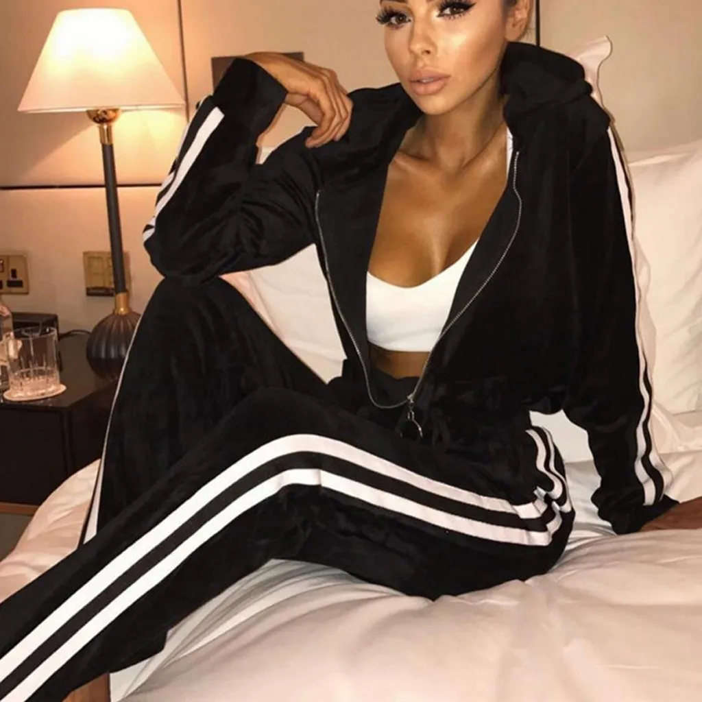 Женский тренировочный комплект Perimedes полосатый свитер на молнии брюки с длинным