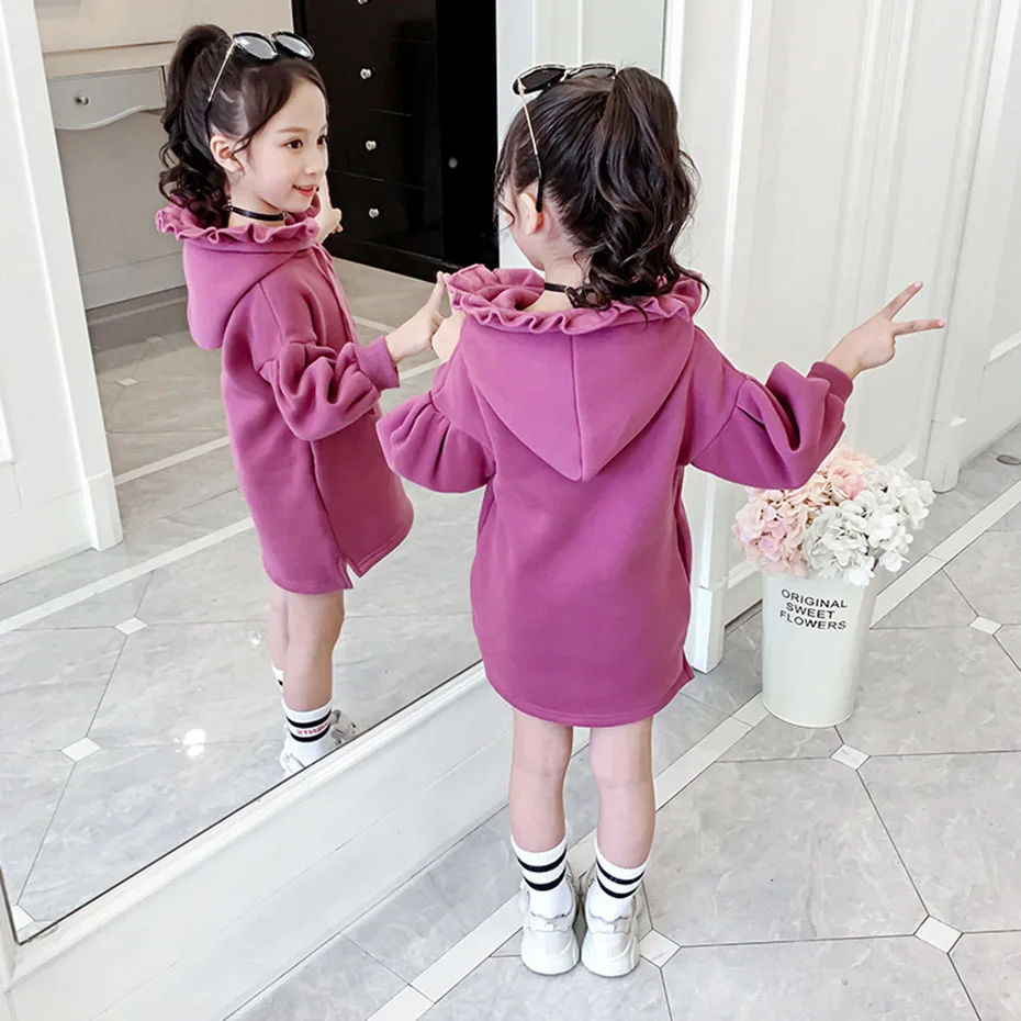Платья для девочек плотное платье-свитер худи Детские платья с рюшами Осенняя