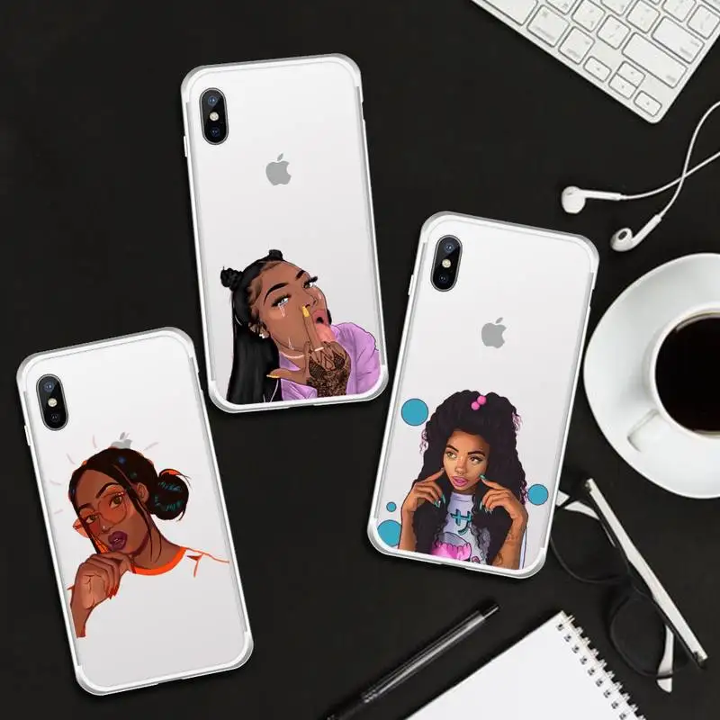 

Melanin Poppin African Black Girl Phone Case Transparent for iPhone 6 7 8 11 12 s mini pro X XS XR MAX Plus cover funda shell